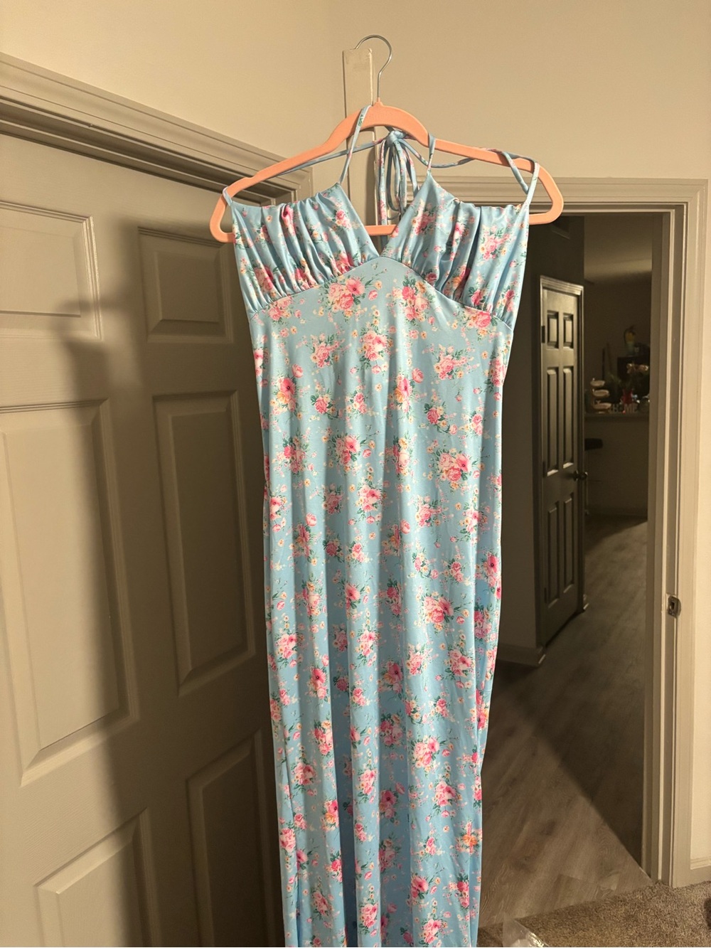 Light Blue Floral Halter Maxi Dress